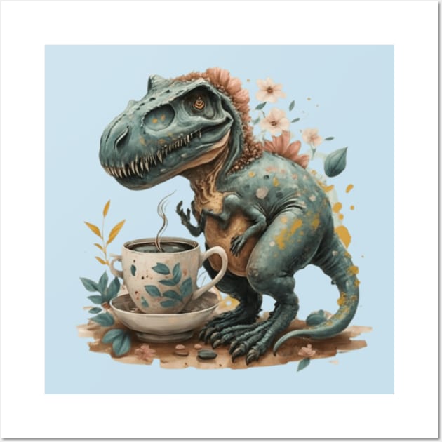 Cute dinosaur drinking coffee gift ideas, dino coffee gift, dinosaur trex having a coffee tshirt kids tee funny tees gift Wall Art by WeLoveAnimals